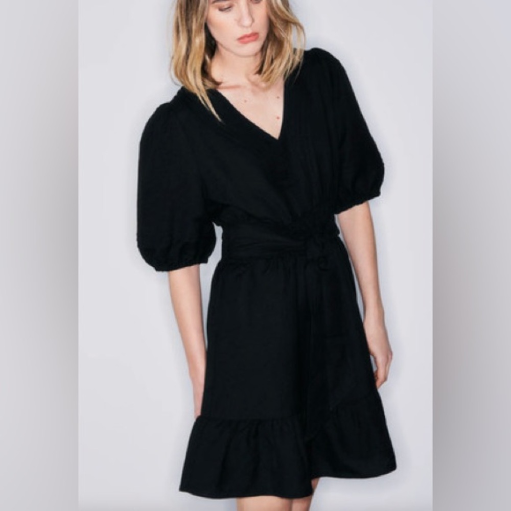 & Other Stories Black V-Neck Puff Sleeve Midi Dress with Tie Waist